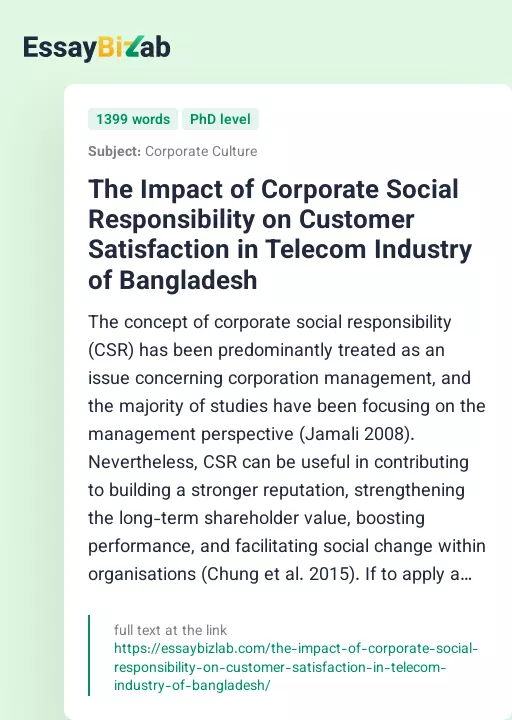 The Impact of Corporate Social Responsibility on Customer Satisfaction in Telecom Industry of Bangladesh - Essay Preview