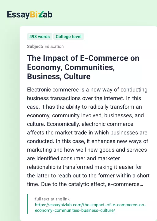 The Impact of E-Commerce on Economy, Communities, Business, Culture - Essay Preview
