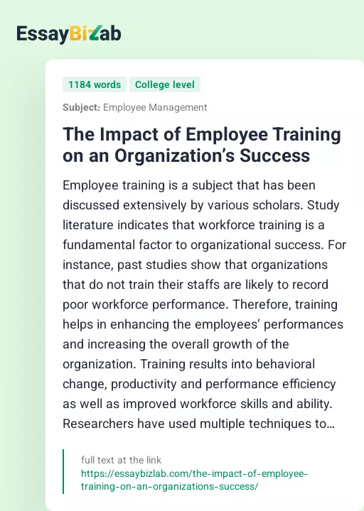 The Impact of Employee Training on an Organization’s Success - Essay Preview