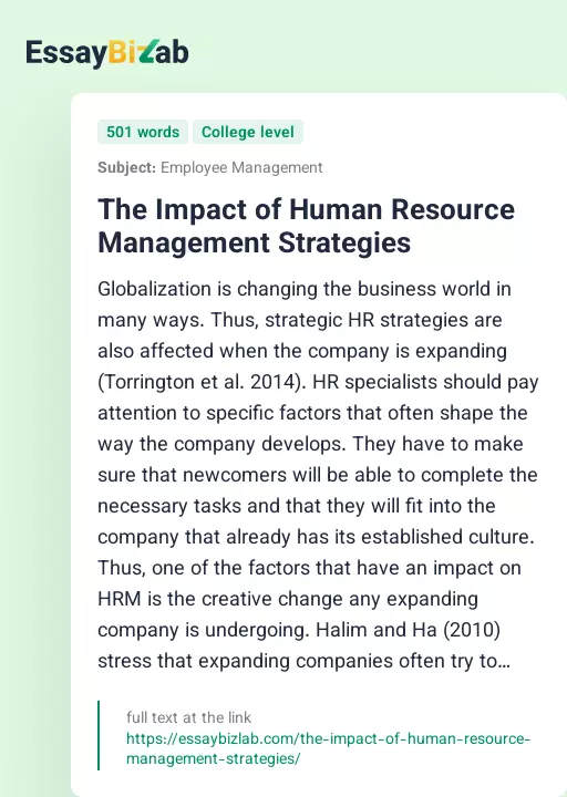 The Impact of Human Resource Management Strategies - Essay Preview