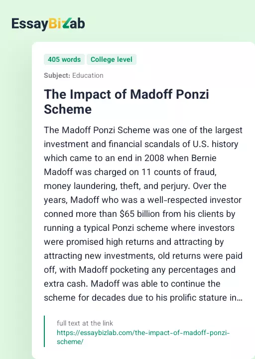 The Impact of Madoff Ponzi Scheme - Essay Preview