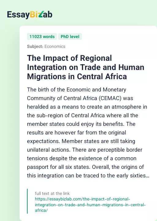 The Impact of Regional Integration on Trade and Human Migrations in Central Africa - Essay Preview