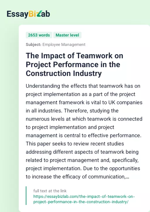 The Impact of Teamwork on Project Performance in the Construction Industry - Essay Preview