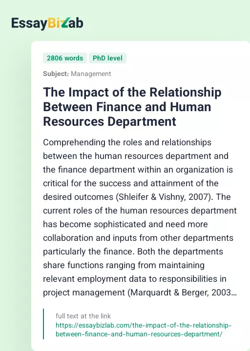 The Impact of the Relationship Between Finance and Human Resources Department - Essay Preview
