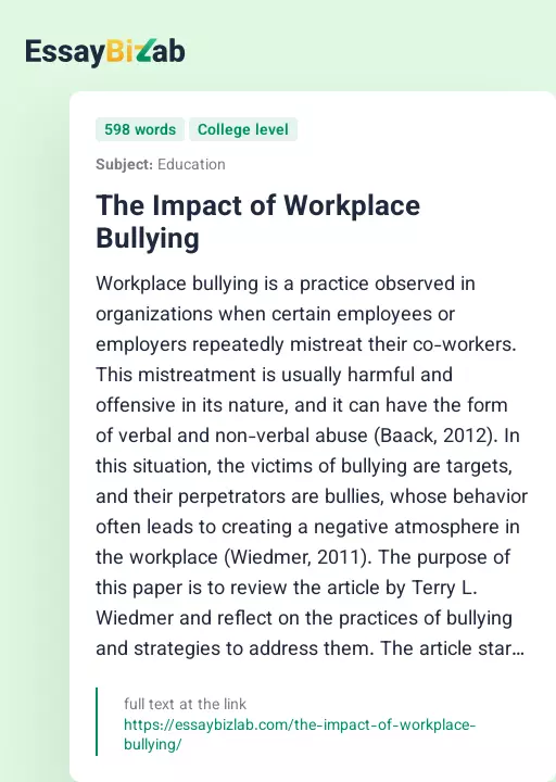 The Impact of Workplace Bullying - Essay Preview