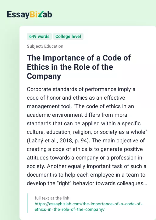 The Importance of a Code of Ethics in the Role of the Company - Essay Preview
