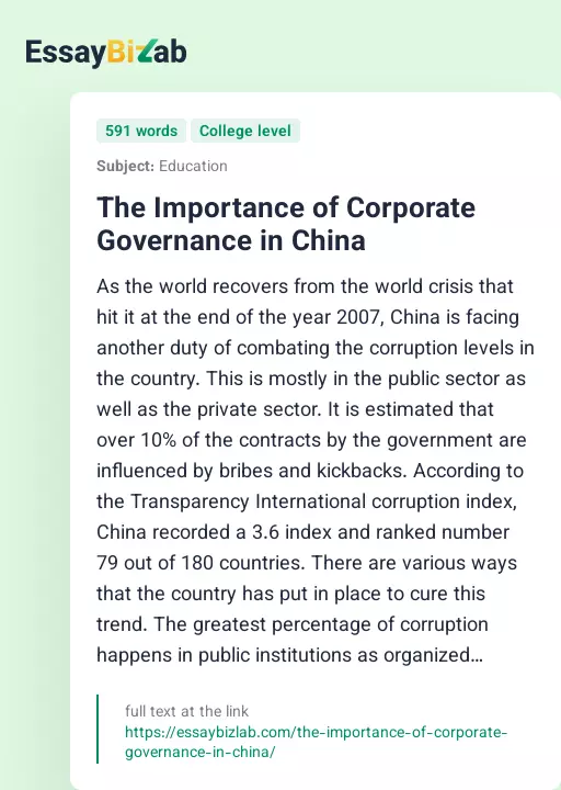 The Importance of Corporate Governance in China - Essay Preview