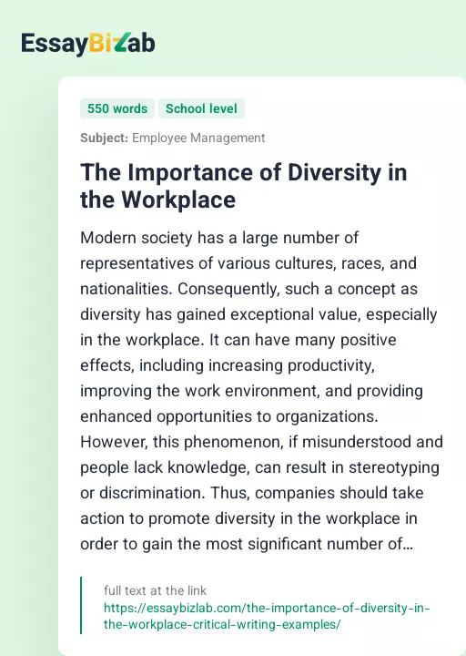 The Importance of Diversity in the Workplace - Essay Preview