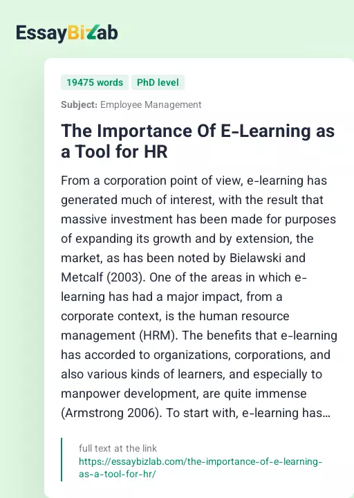 The Importance Of E-Learning as a Tool for HR - Essay Preview