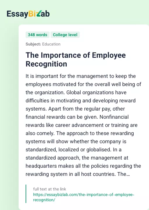 The Importance of Employee Recognition - Essay Preview