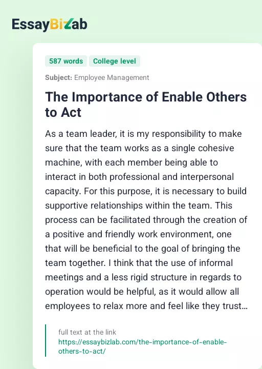 The Importance of Enable Others to Act - Essay Preview