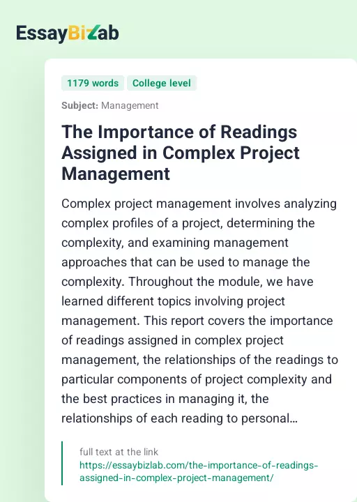 The Importance of Readings Assigned in Complex Project Management - Essay Preview