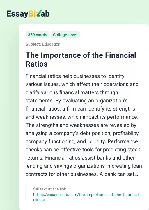 The Importance of the Financial Ratios - Essay Preview