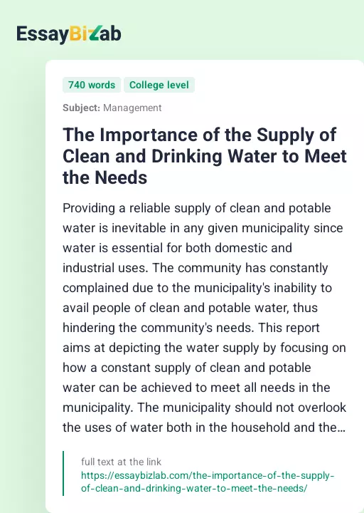 The Importance of the Supply of Clean and Drinking Water to Meet the Needs - Essay Preview