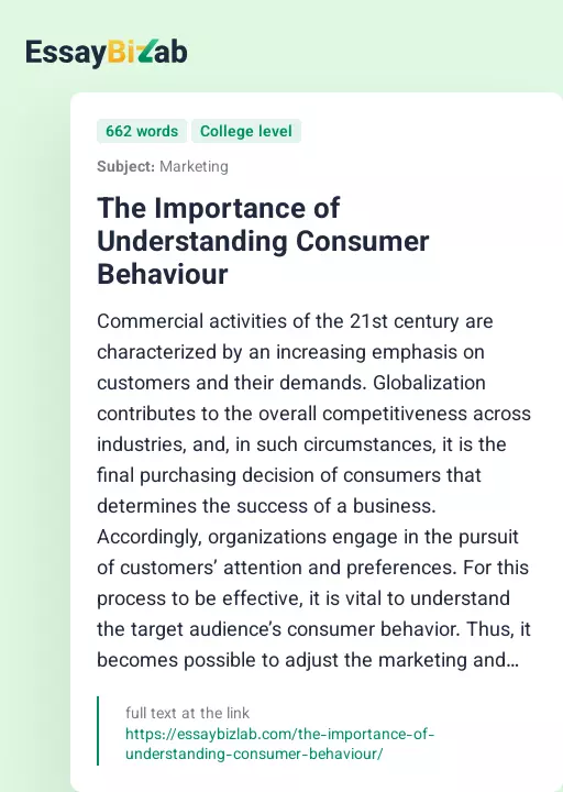 The Importance of Understanding Consumer Behaviour - Essay Preview