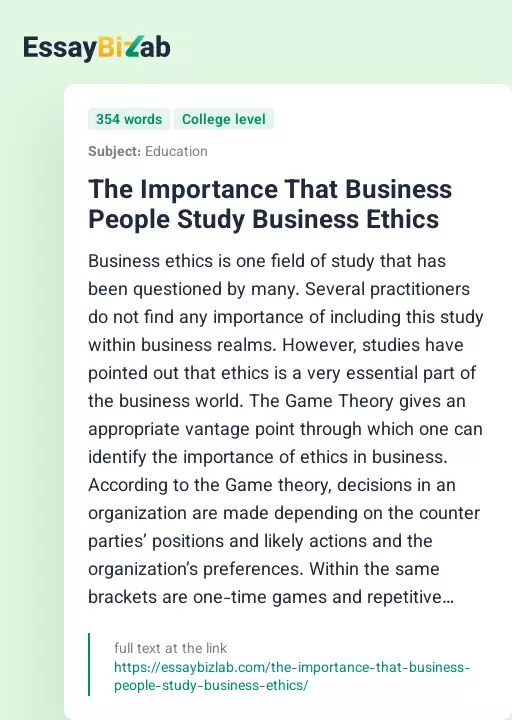 The Importance That Business People Study Business Ethics - Essay Preview
