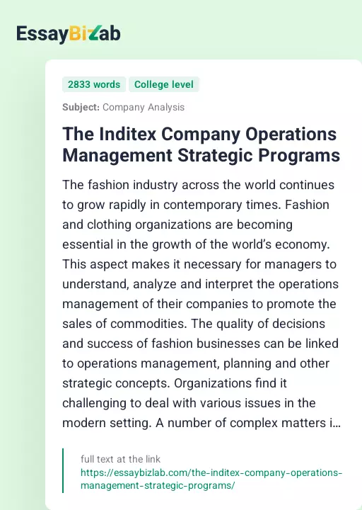 The Inditex Company Operations Management Strategic Programs - Essay Preview