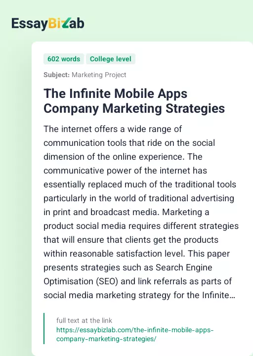 The Infinite Mobile Apps Company Marketing Strategies - Essay Preview