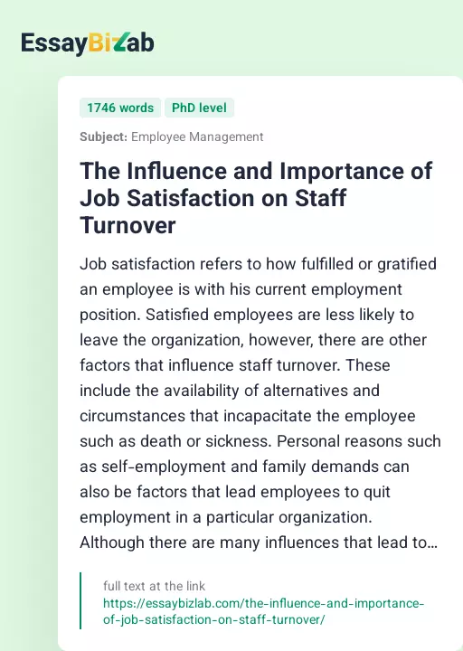 The Influence and Importance of Job Satisfaction on Staff Turnover - Essay Preview