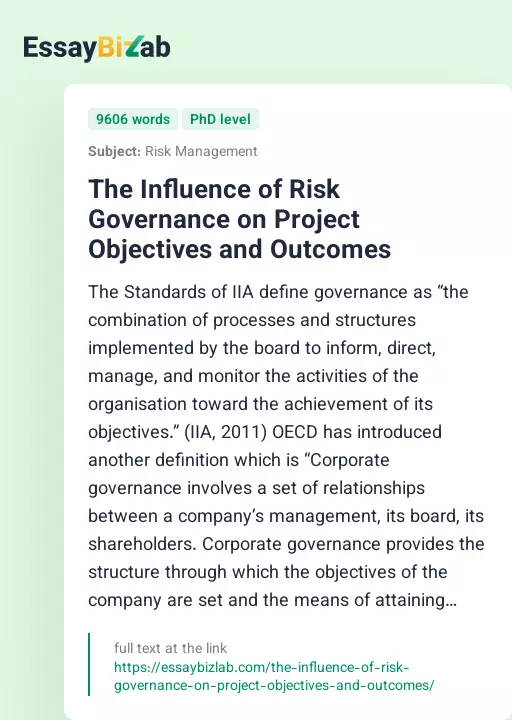 The Influence of Risk Governance on Project Objectives and Outcomes - Essay Preview