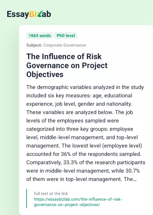 The Influence of Risk Governance on Project Objectives - Essay Preview
