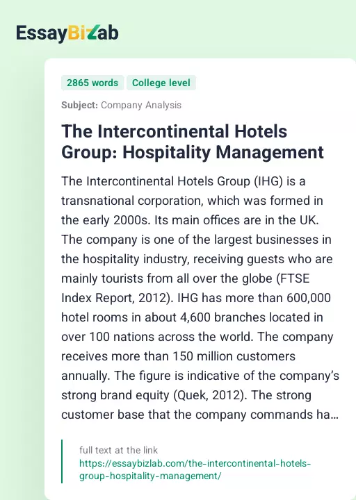 The Intercontinental Hotels Group: Hospitality Management - Essay Preview