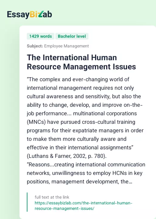 The International Human Resource Management Issues - Essay Preview