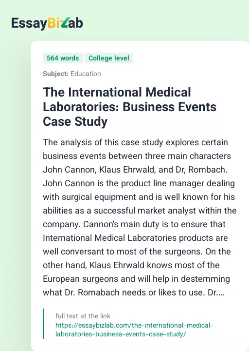 The International Medical Laboratories: Business Events Case Study - Essay Preview