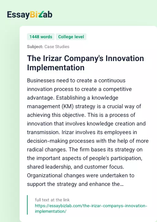 The Irizar Company's Innovation Implementation - Essay Preview