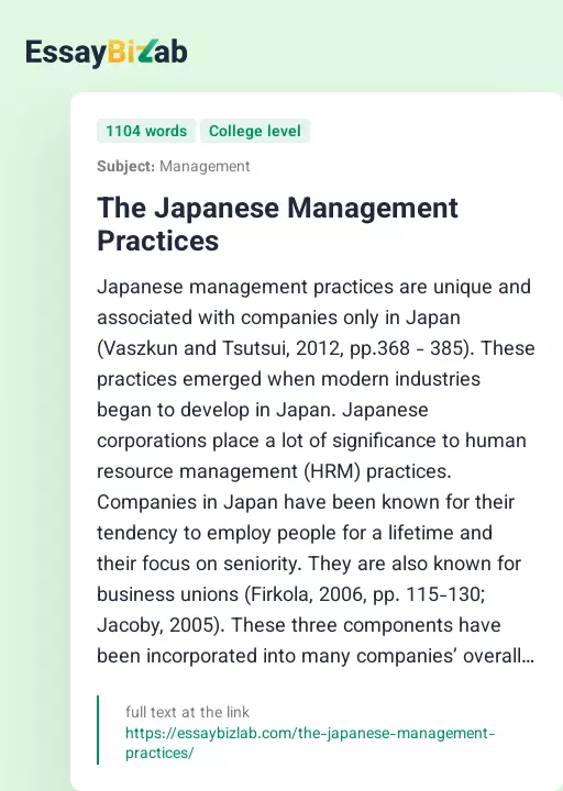 The Japanese Management Practices - Essay Preview