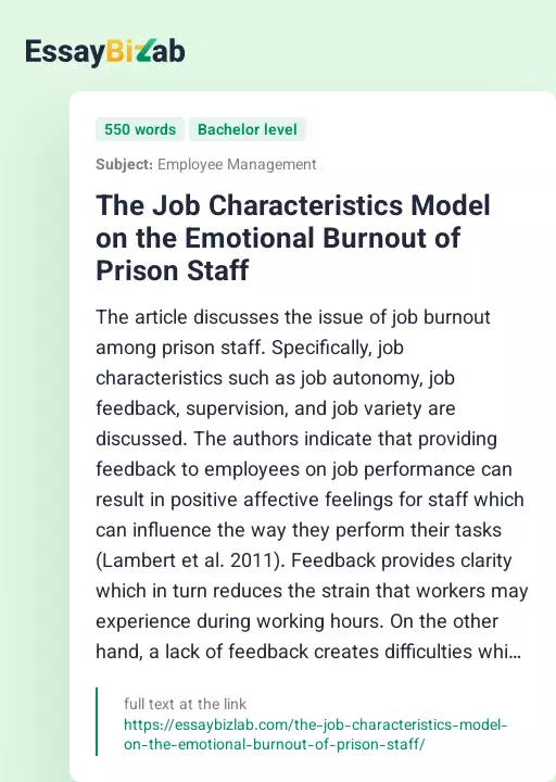 The Job Characteristics Model on the Emotional Burnout of Prison Staff - Essay Preview