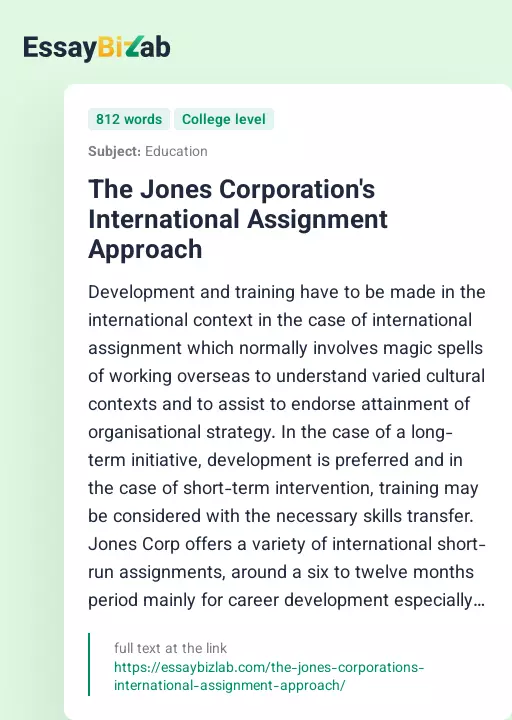The Jones Corporation's International Assignment Approach - Essay Preview