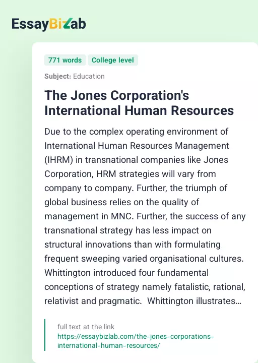 The Jones Corporation's International Human Resources - Essay Preview