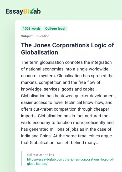 The Jones Corporation's Logic of Globalisation - Essay Preview