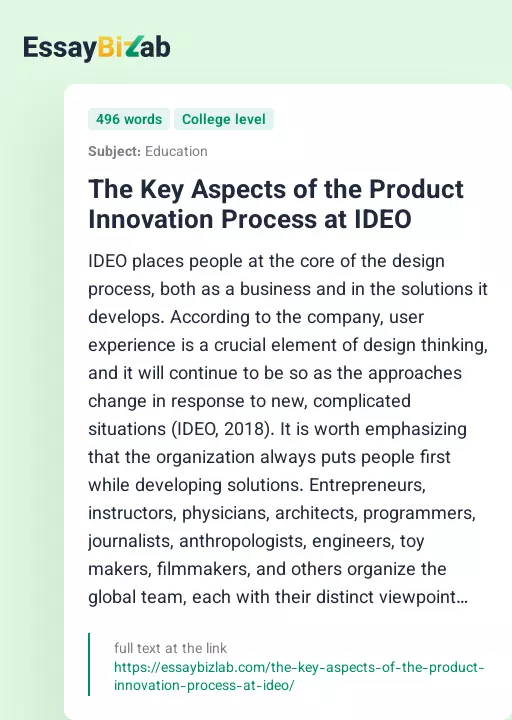 The Key Aspects of the Product Innovation Process at IDEO - Essay Preview