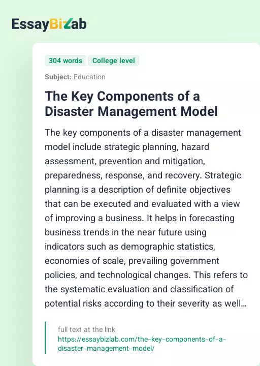 The Key Components of a Disaster Management Model - Essay Preview