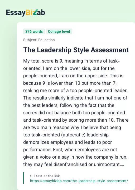 The Leadership Style Assessment - Essay Preview