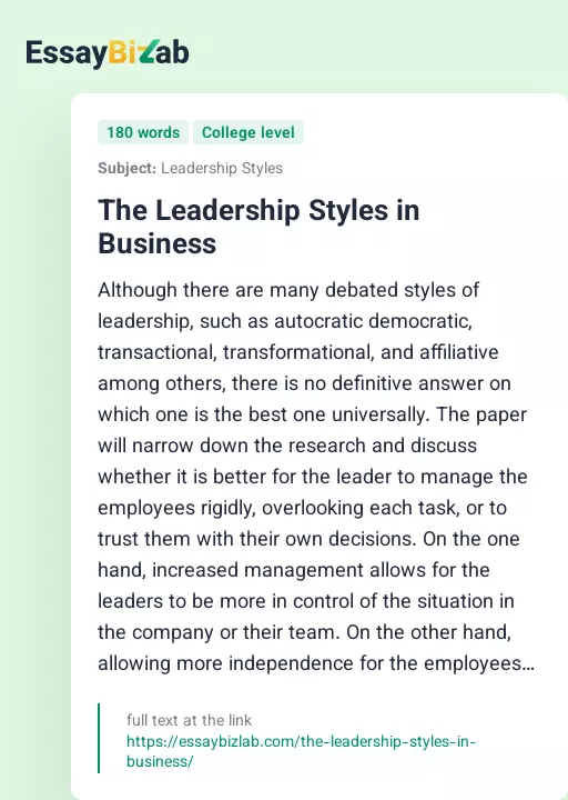 The Leadership Styles in Business - Essay Preview