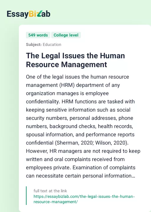 The Legal Issues the Human Resource Management - Essay Preview