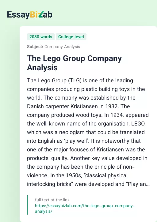 The Lego Group Company Analysis - Essay Preview
