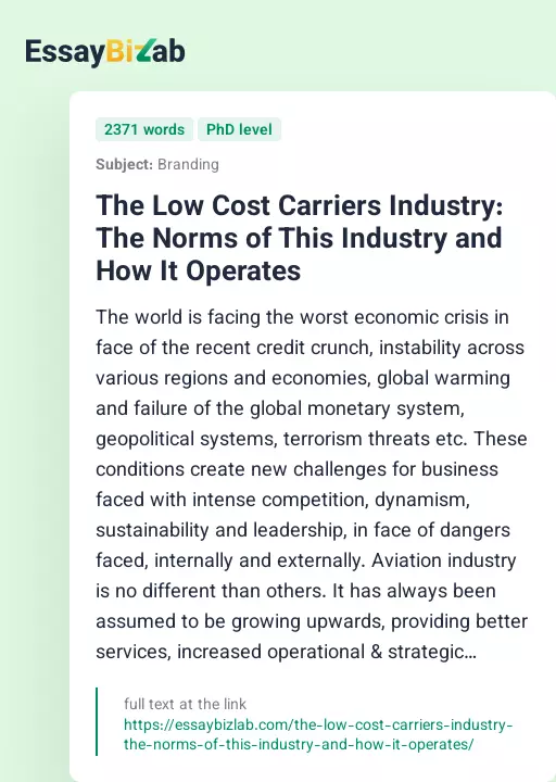 The Low Cost Carriers Industry: The Norms of This Industry and How It Operates - Essay Preview