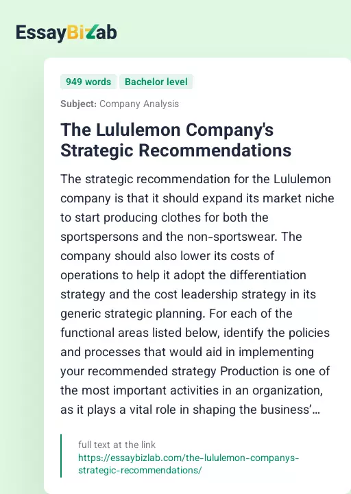 The Lululemon Company's Strategic Recommendations - Essay Preview