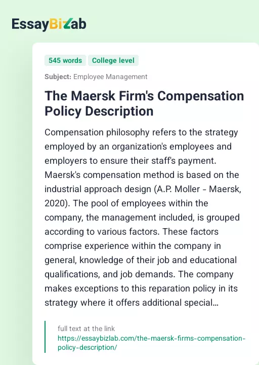 The Maersk Firm's Compensation Policy Description - Essay Preview