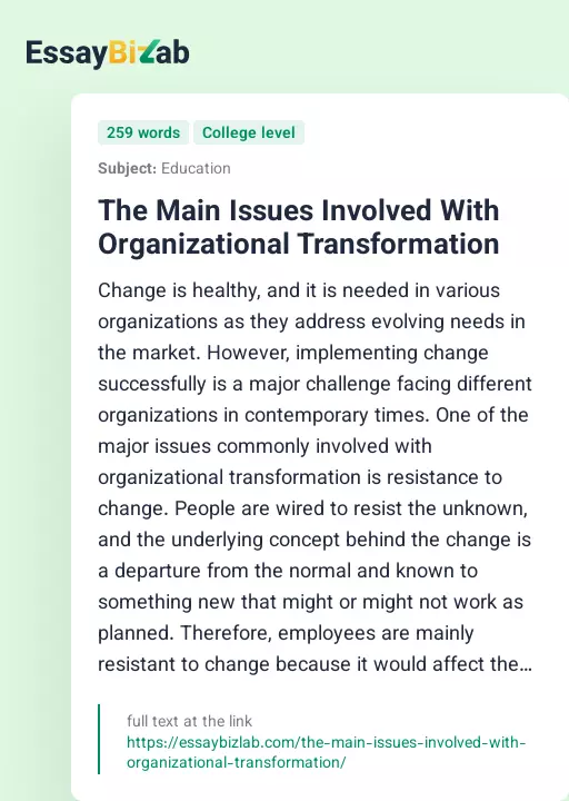 The Main Issues Involved With Organizational Transformation - Essay Preview