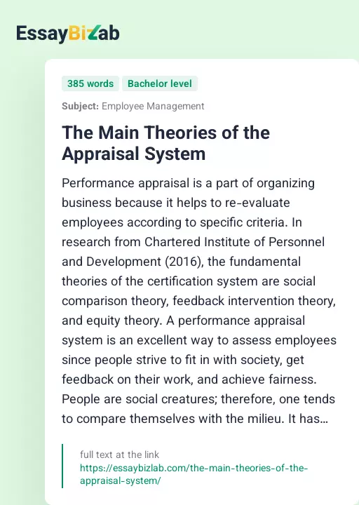 The Main Theories of the Appraisal System - Essay Preview