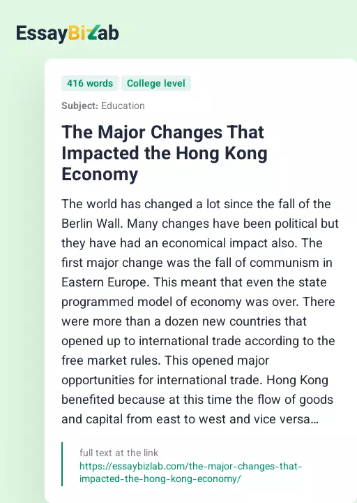 The Major Changes That Impacted the Hong Kong Economy - Essay Preview