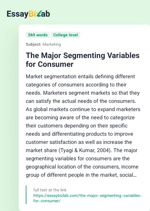 The Major Segmenting Variables for Consumer - Essay Preview