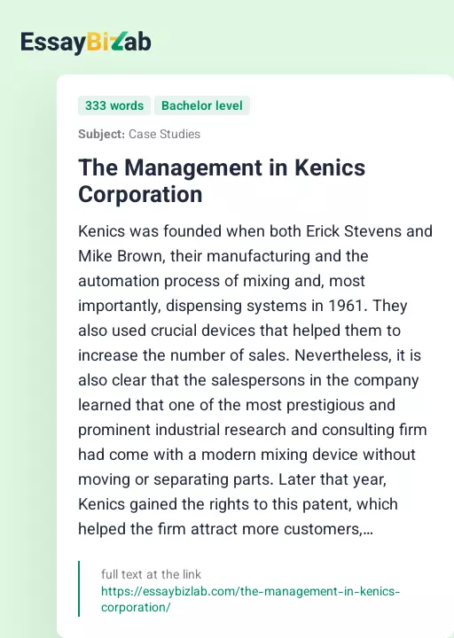 The Management in Kenics Corporation - Essay Preview