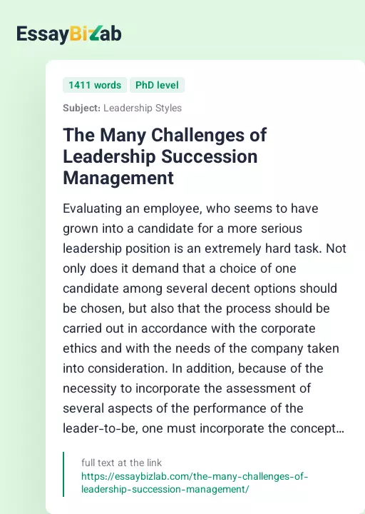 The Many Challenges of Leadership Succession Management - Essay Preview