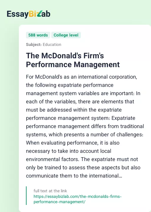 The McDonald's Firm's Performance Management - Essay Preview